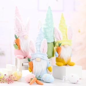 Easter gnome plush set in pastel colors featuring rabbit ears and carrots for decor