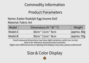 Detailed size chart for Easter gnome dolls showing dimensions 30x11x8cm and fabric specs