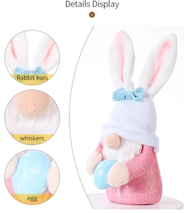 Detail view of Easter gnome with pink knit body, plush rabbit ears and a blue polka dot egg