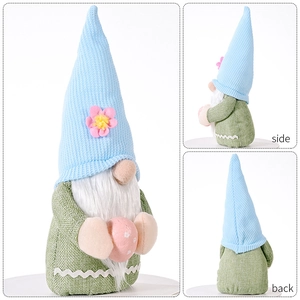 Three-way view of plush Easter bunny gnome showing front, side and back details