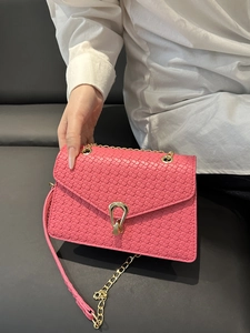 Classic pink woven crossbody bag with gold serpent buckle and chain strap for women