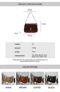 Detailed size guide and color options for a stylish PU leather baguette shoulder bag