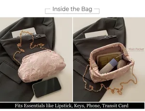 Vue détaillée du sac nuage rose à fleurs montrant la capacité de rangement intérieur