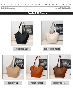 Vertical display of tote bags in five colors with size scale and minimalist design