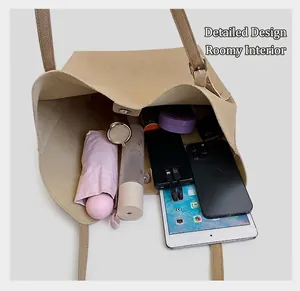 Interior view of apricot tote bag showing large capacity for umbrella and tablet