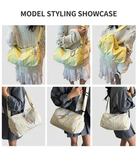 Detail view of large capacity nylon crossbody bags with star charms in various lifestyle poses
