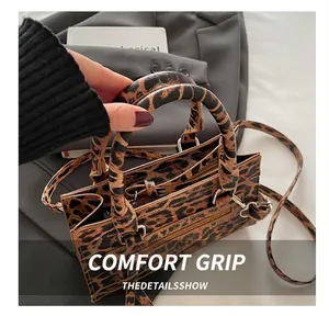 Detailed top view of a leopard print box bag featuring a round handle and silver hardware