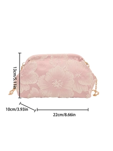 Sac en satin rose avec broderie florale et chaîne dorée, taille 22x13x10cm, élégant