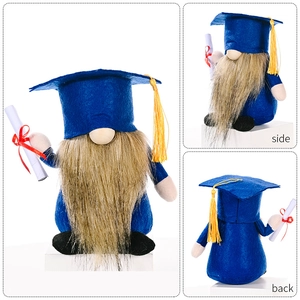 Front, side, and back views of a blue graduation gnome plush with a mortarboard hat