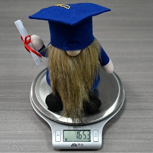 Blue graduation gnome with scholarly hat and diploma being weighed on a digital scale