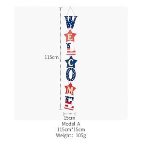 Detaillierte Maße des 115cm hölzernen Welcome-Schilds im US-Flaggen-Design für Deko