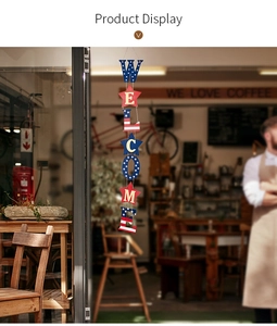 Rustikales Holz-Willkommensschild mit US-Flaggen-Design am Eingang eines Cafés