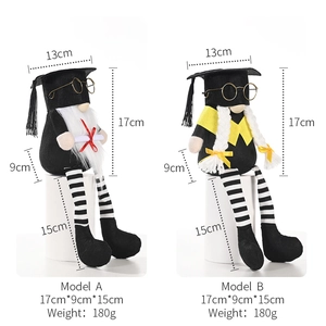 Handcrafted graduation gnome plush dolls with black mortarboard hats and diplomas