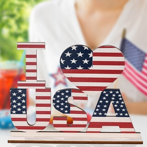 Detailed view of patriotic USA wooden desktop ornament with American flag texture