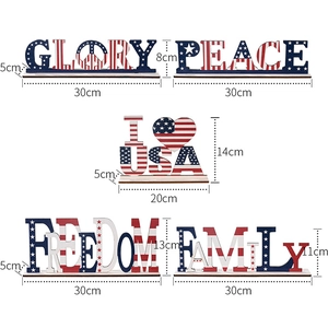 Detailed dimensions of 4th of July wooden letter signs with patriotic star and stripe patterns