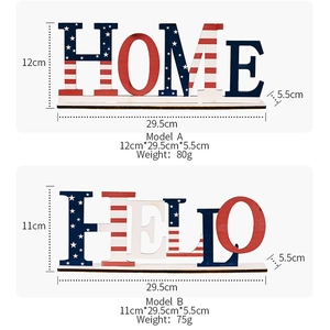 Detailed dimensions for American flag style HOME and HELLO wooden letter table ornaments