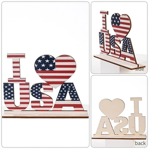 Three-view detail of patriotic wooden I Love USA table ornament with flag patterns