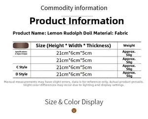 Size chart for lemon gnome plush showing 21x6x5cm dimensions and lightweight fabric details