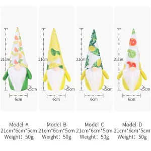 Size chart showing four fruit-themed gnomes with measurements of 21cm by 6cm by 5cm