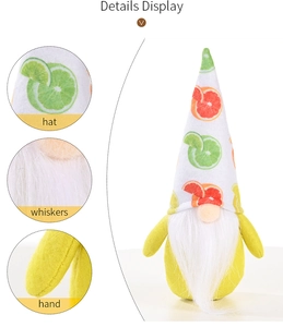 Detail view of gnome plush hat with fruit patterns and soft white whiskers texture