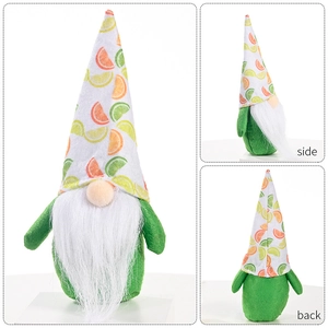 Detailed views of a summer gnome plush with citrus pattern hat and white beard decoration
