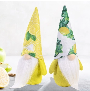 Detail of two lemon-themed gnomes with bright yellow felt hats and plush white beards