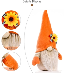 Detailed views of sunflower harvest gnome showing hat ornaments, white whiskers and hand