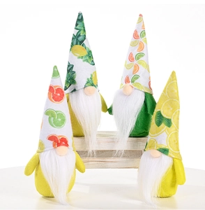 Detailed view of four fruit-themed gnomes with lemon and lime patterned hats on a stand
