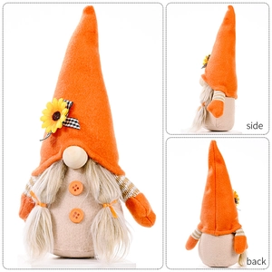 Three-view display of autumn harvest gnome with orange hat and sunflower details