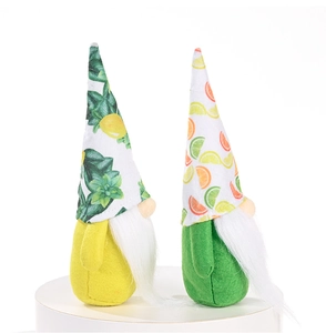 Macro detail of plush lemon gnomes with citrus print hats and white beards