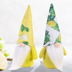 Set of two lemon themed summer gnomes with yellow pointed hats and white fiber beards