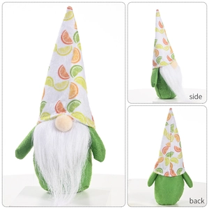 Three-sided view of summer lemon gnome plush doll with citrus pattern and green felt body
