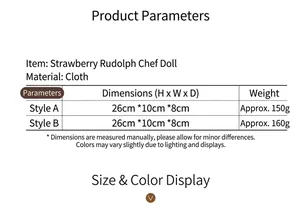 Size chart showing fabric strawberry chef gnome plush doll dimensions and weight data