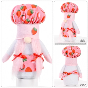 Detailed views of strawberry chef gnome plush from front, side and back angles