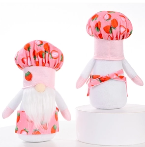 Front and back detail of a handmade strawberry gnome plush with white beard and soft fabric