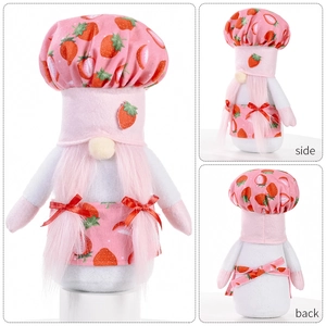 Three-sided view of a plush strawberry chef gnome doll for Mother's Day home decoration