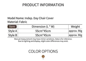Size chart showing 55x45cm dimensions and material specs for Independence Day chair covers