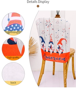Detailed view of linen Independence Day chair cover featuring Patriotic gnomes and America text