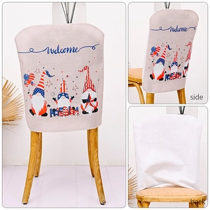 Detail view showing front side and back of linen chair covers with gnome designs