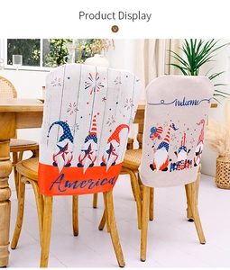 Detail of USA Independence Day chair covers with gnome design and Welcome America text