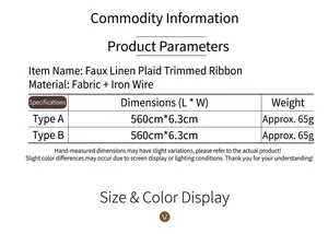 Detailed technical specifications for Christmas faux linen plaid ribbon with wired edge