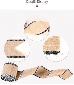Macro detail of natural burlap ribbon featuring classic black and white checkered edges