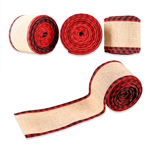 Detailed views of faux linen Christmas ribbon featuring red and black buffalo plaid edges
