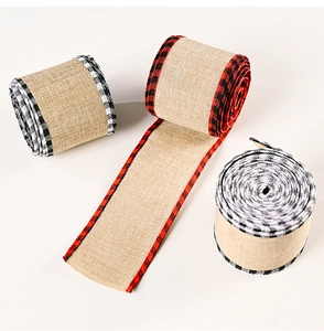 Detail view of rustic burlap ribbons with black, white, and red plaid wired edges