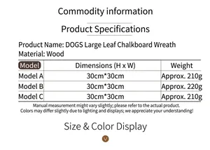 Detailed size chart for the wooden dog chalkboard wreath showing 30x30cm dimensions