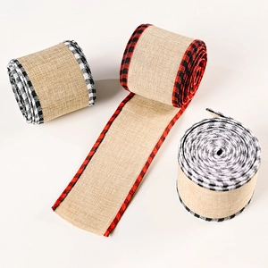 Ruban de Noël en toile de jute avec bordure à carreaux pour décorations de fêtes