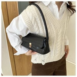 Dettaglio di una borsa sottobraccio nera in pelle coccodrillo con fibbia in metallo oro