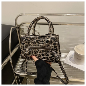 Detailed close-up of leopard print mini handbag with silver zipper and metallic rack