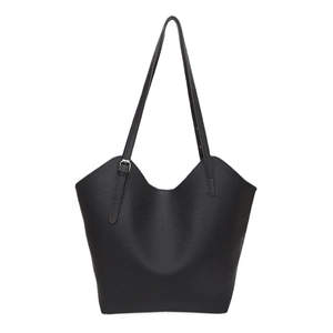Black pebbled PU leather tote bag with wavy top edge and adjustable shoulder straps