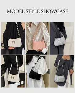 Collage of model wearing pleated underarm bags with metallic bow and chain strap
